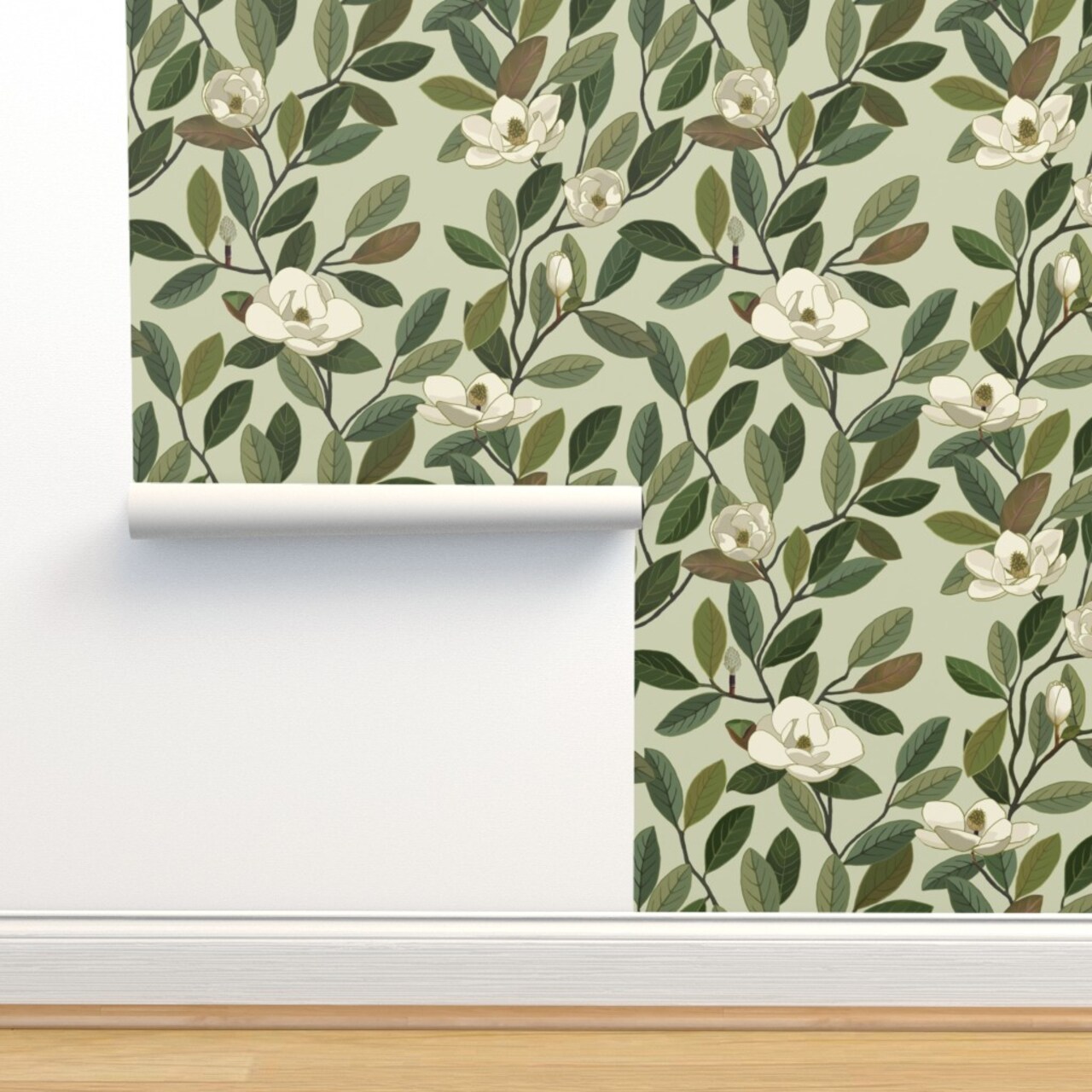 Magnolia Blooms Green White Flowers Botanical Floral Custom Removable Wallpaper by Spoonflower Peel & Stick Wallpaper 2FT Wide